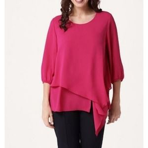 Susan Graver Woven 3/4- Sleeve Ted Top Asymmetrical Tier Pink Top L New A350161